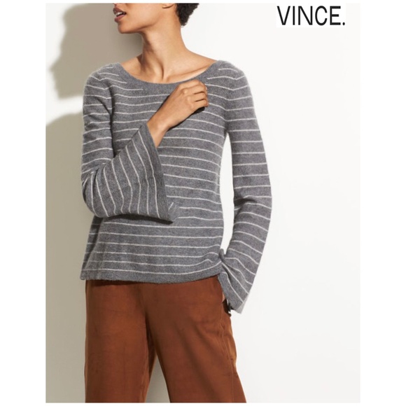 Vince Sweaters - VINCE NWT 100% CASHMERE STRIPED BELL SLEEVE HEATHER STONE/STERLING SWEATER. S